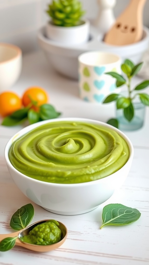 A bowl of green spinach puree for infants with a spoon, set in a bright kitchen.